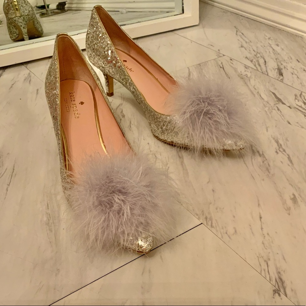 Kate Spade Park Silver Glitter Feather Heels 7.5